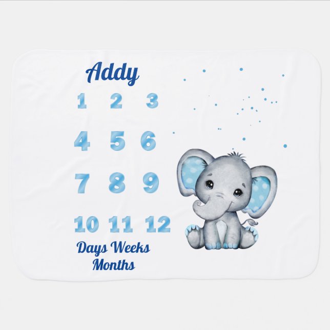 Baby Boy's Elephant Milestone Months  Blanket (Horizontal)