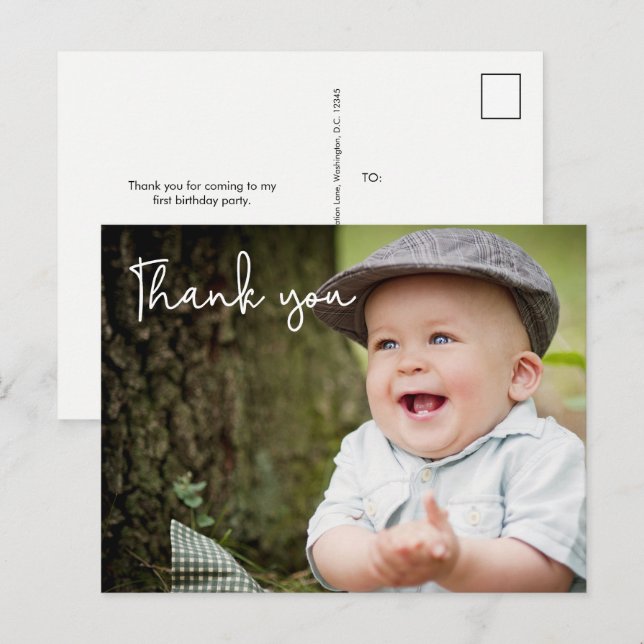 Baby Boy's first birthday Thank you Photo Postcard (Front/Back)