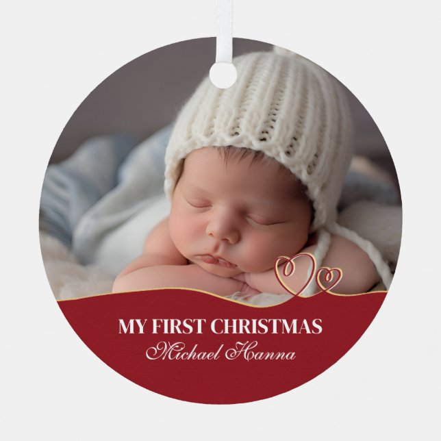 Baby Boy's First Christmas Birth Stats & Photo Metal Ornament (Front)