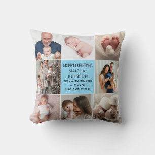 Baby Boy's First Christmas Birth Stats & Photo T Throw Pillow