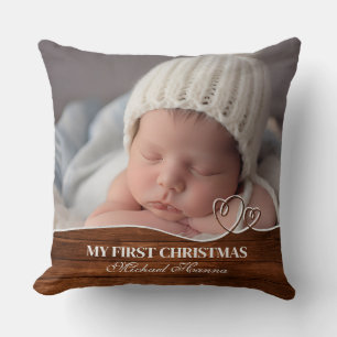 Baby Boy's First Christmas Birth Stats & Photo Throw Pillow