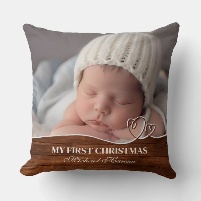 Baby Boy's First Christmas Birth Stats & Photo Throw Pillow (Front)