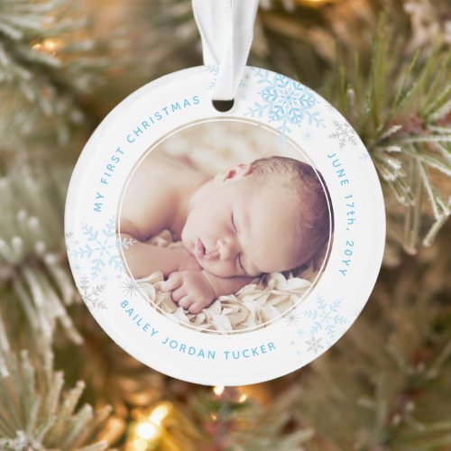 Baby Boys First Christmas Blue Snowflakes Photo Ornament