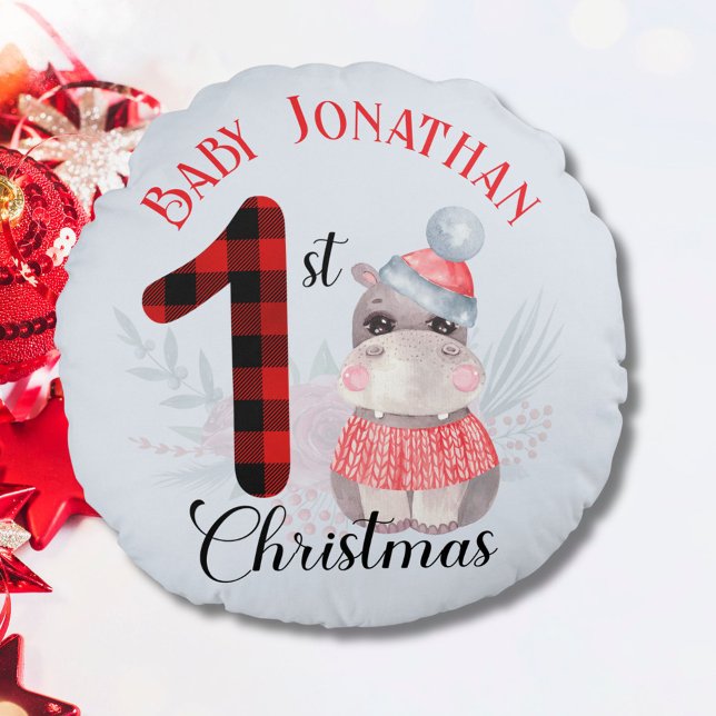 Baby Boy's First Christmas Cute Hippo Name Round Pillow (Creator Uploaded)