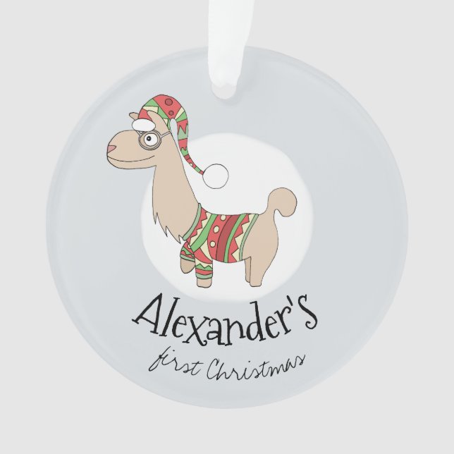 Baby Boys First Christmas Festive Llama and Name Ornament (Front)
