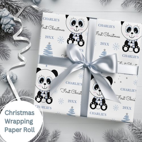 Baby Boys First Christmas Panda Bear Blue Wrapping Paper
