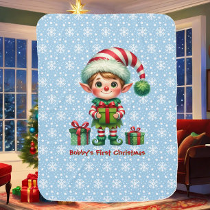 Baby Boy's First Christmas Personalize Name Blue Baby Blanket