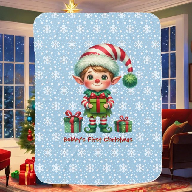 Baby Boy's First Christmas Personalize Name Blue Baby Blanket (Creator Uploaded)