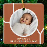 Baby Boy's First Christmas Photo Terracotta Ceramic Ornament<br><div class="desc">This simple Baby Boy's First Christmas Photo Ornament is decorated with the word JOY on a terracotta background.
Easily customizable with your photo,  name,  and year.</div>