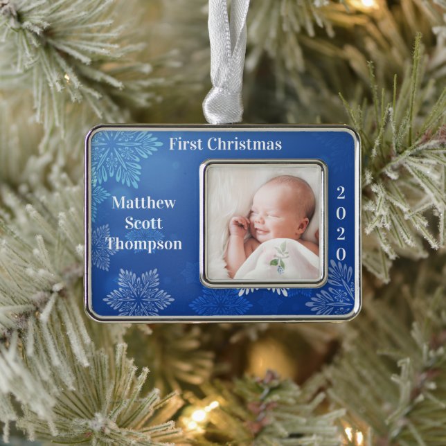 Baby Boy's First Christmas Photo Year Blue Ornament (Tree)