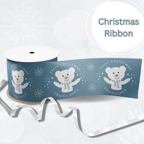 Baby Boys First Christmas Polar Bear Blue Satin Ribbon