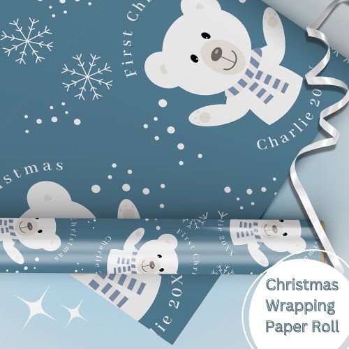 Baby Boys First Christmas Polar Bear Blue Wrapping Paper