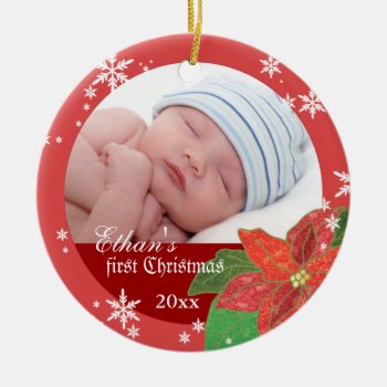 Baby Boy's First Christmas Red Gift Photo Ornament by Whimsical_Holidays at Zazzle