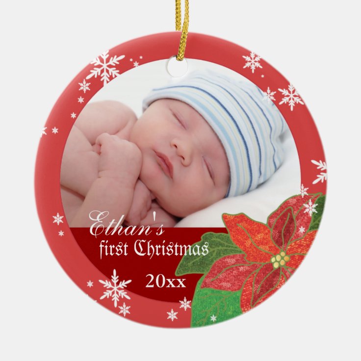Baby Boy's First Christmas Red Gift Photo Ornament Zazzle