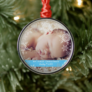 Baby Boy's First Christmas Snowflakes Blue Silver Metal Ornament