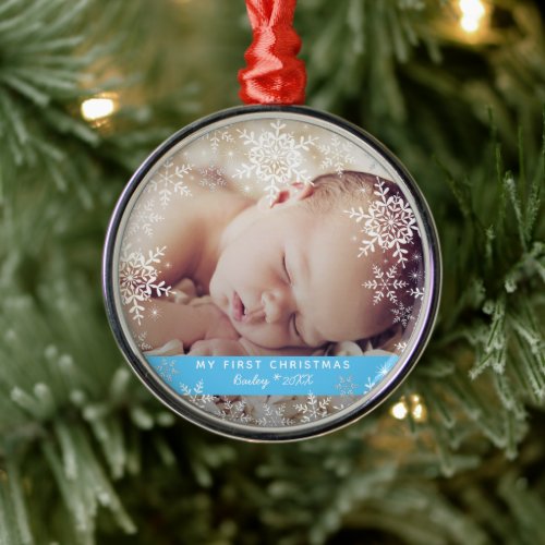 Baby Boys First Christmas Snowflakes Blue Silver Metal Ornament