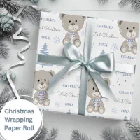 Blue Baby Boy Teddy Bear Watercolor Baby Shower Wrapping Paper, Zazzle