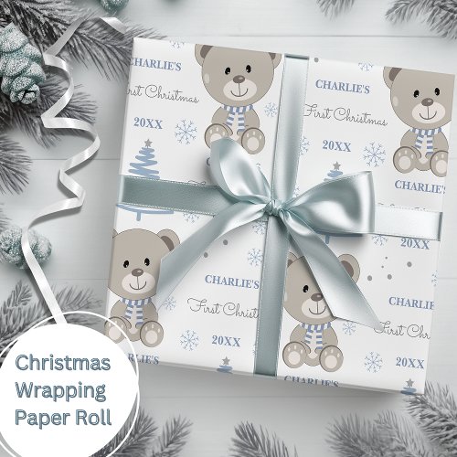 Baby Boys First Christmas Teddy Bear Blue Wrapping Paper