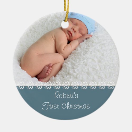 Baby Boys First Christmas w Photo  Stats _ Blue Ceramic Ornament