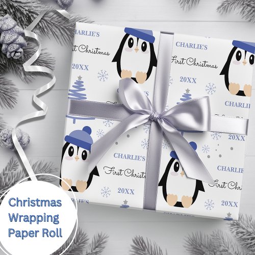Baby Boys First Christmas Winter Penguin Blue Wrapping Paper