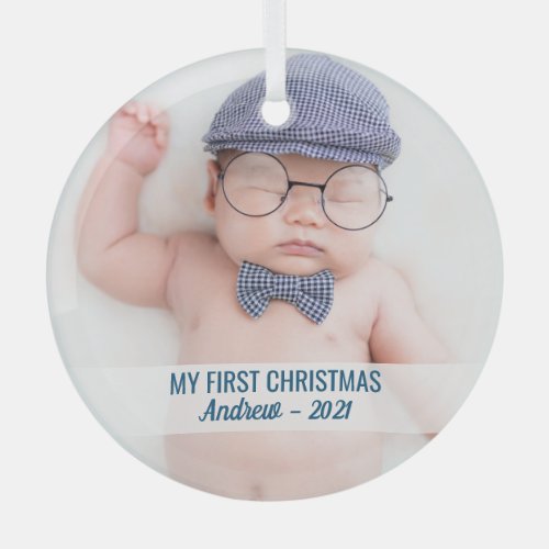 Baby boys first Christmas with name cute photo  Glass Ornament
