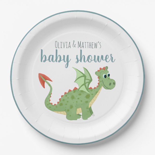 Baby Boys Magical Green Dragon Baby Shower Paper Plates (Front)