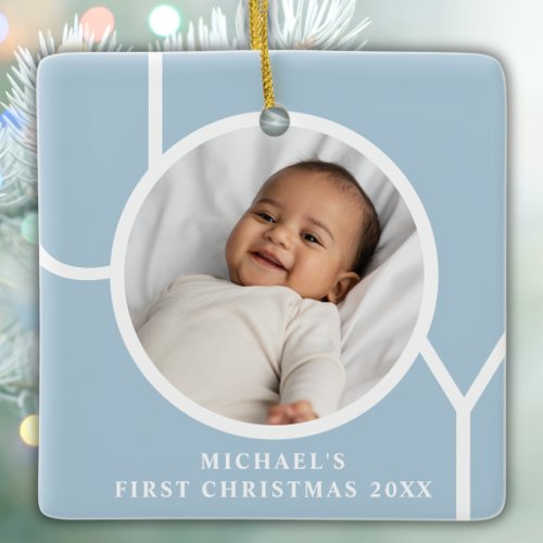Baby Boy's Pale Blue First Christmas Photo Ceramic Ornament