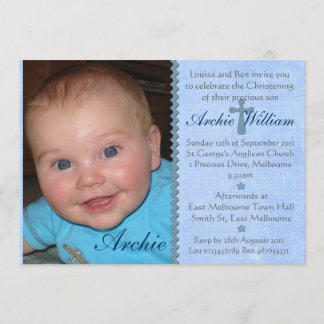 Baby Boys photo Christening invitation - Archie