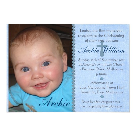 Baby Boys photo Christening invitation - Archie | Zazzle