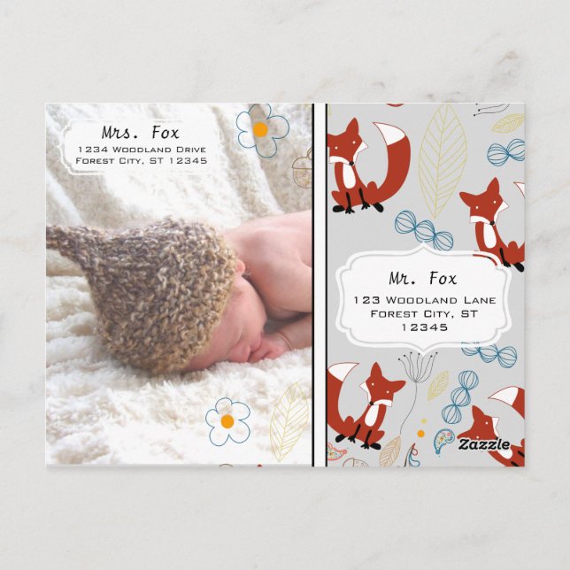 Baby Boy's Photo Fox Woodland Birth Record Stats Postcard (Back)