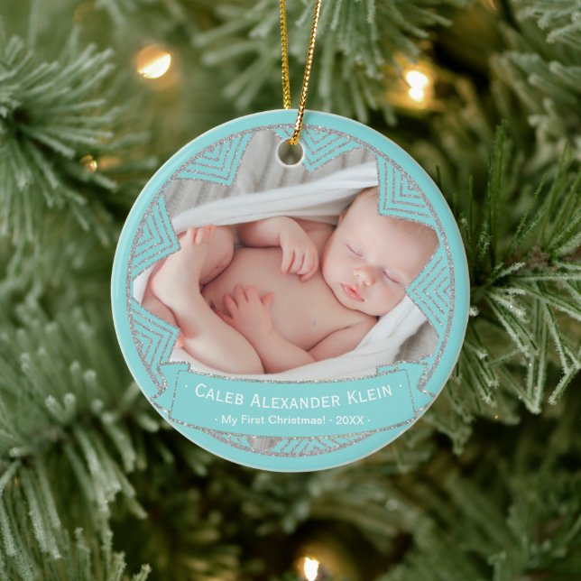 Baby Boys Powder Blue Personalized Christmas Photo Ceramic Ornament (Tree)