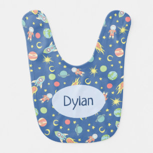 Baby Boys Rocket Ship Space Pattern and Name Baby Bib
