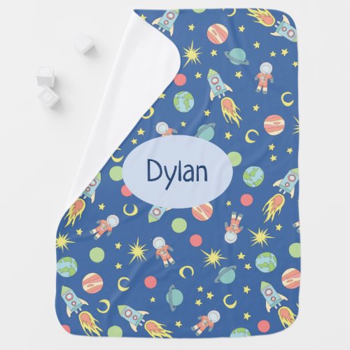 Baby Boys Rocket Ship Space Pattern and Name Baby Blanket