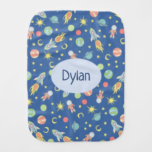 Baby Boys Rocket Ship Space Pattern and Name Baby Burp Cloth