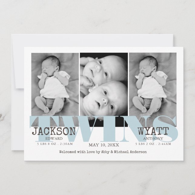 Baby Boys Twins Beautiful Blue Birth Announcement (Front)