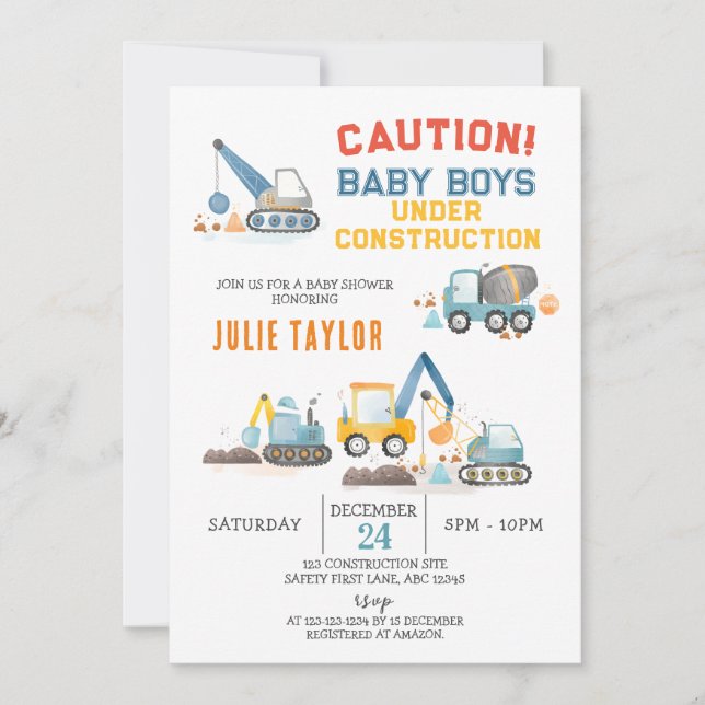 Baby Boys under Construction, Twins Baby Shower Invitation (Front)