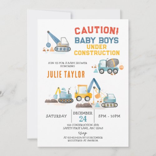 Baby Boys under Construction Twins Baby Shower Invitation