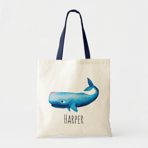 Baby Boys Watercolor Blue Sea Whale and Name Tote Bag