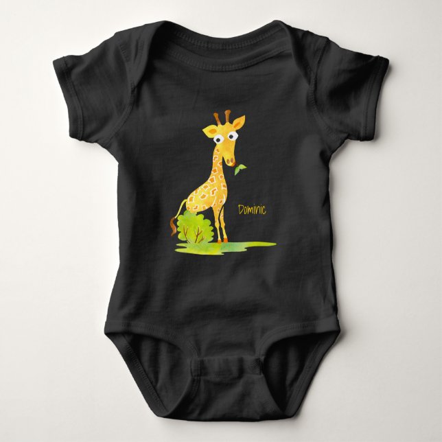 Baby Boys Watercolor Giraffe Personalized Animal Baby Bodysuit (Front)