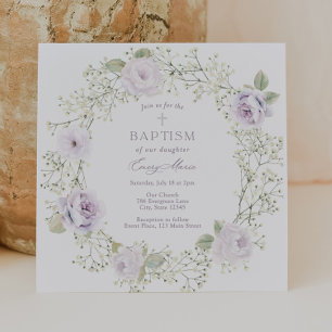 Baby Breath and Purple Roses Girl Baptism Invitation