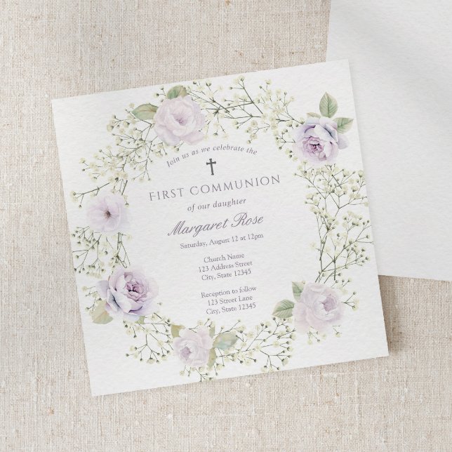 Baby Breath and Purple Roses Girl Communion Invitation (Creator Uploaded)