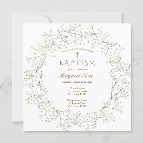 Baby Breath Flowers Baptism Invitation