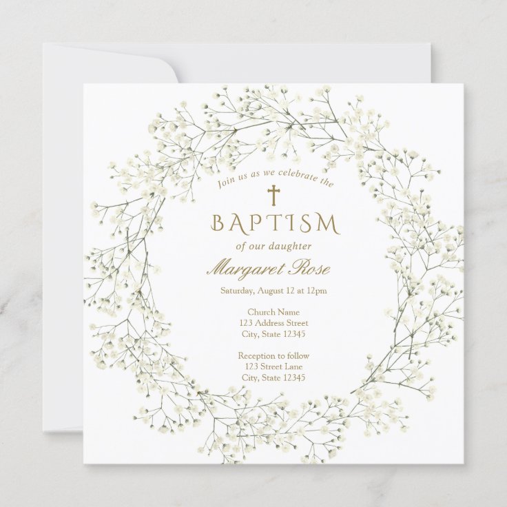 Baby Breath Flowers Baptism Invitation | Zazzle