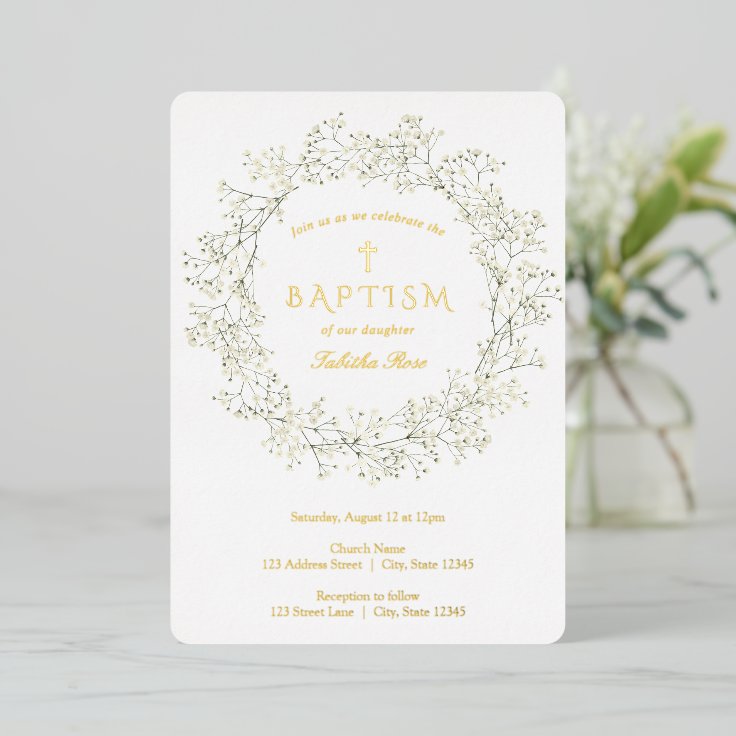 Baby Breath Flowers Baptism Invitation Foil Invitation Zazzle