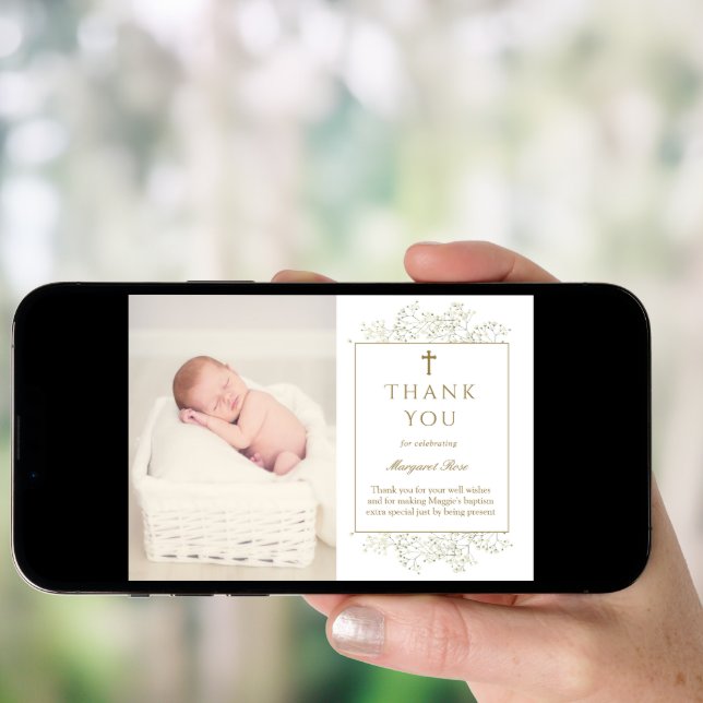 Baby Breath Flowers Baptism Photo Thank You Card (Front Digital)