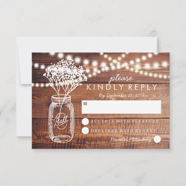 BABY BREATH RUSTIC COUNTRY MASON JAR WEDDING RSVP CARD (Front)