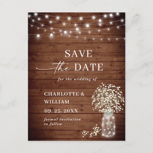 Baby Breath Rustic Wood Wedding Save the Date Postcard