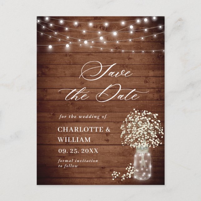 Baby Breath Rustic Wood Wedding Save the Date Postcard (Front)
