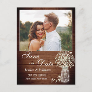 Baby Breath Rustic Wood Wedding Save the Date Postcard
