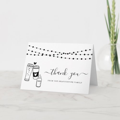 Baby Brewing Beer & Baby Bottle Toast Thank You Ca Card - Hand-drawn beer and coffee/tea cup and baby bottle toast artwork on the front and room for your handwritten message inside.